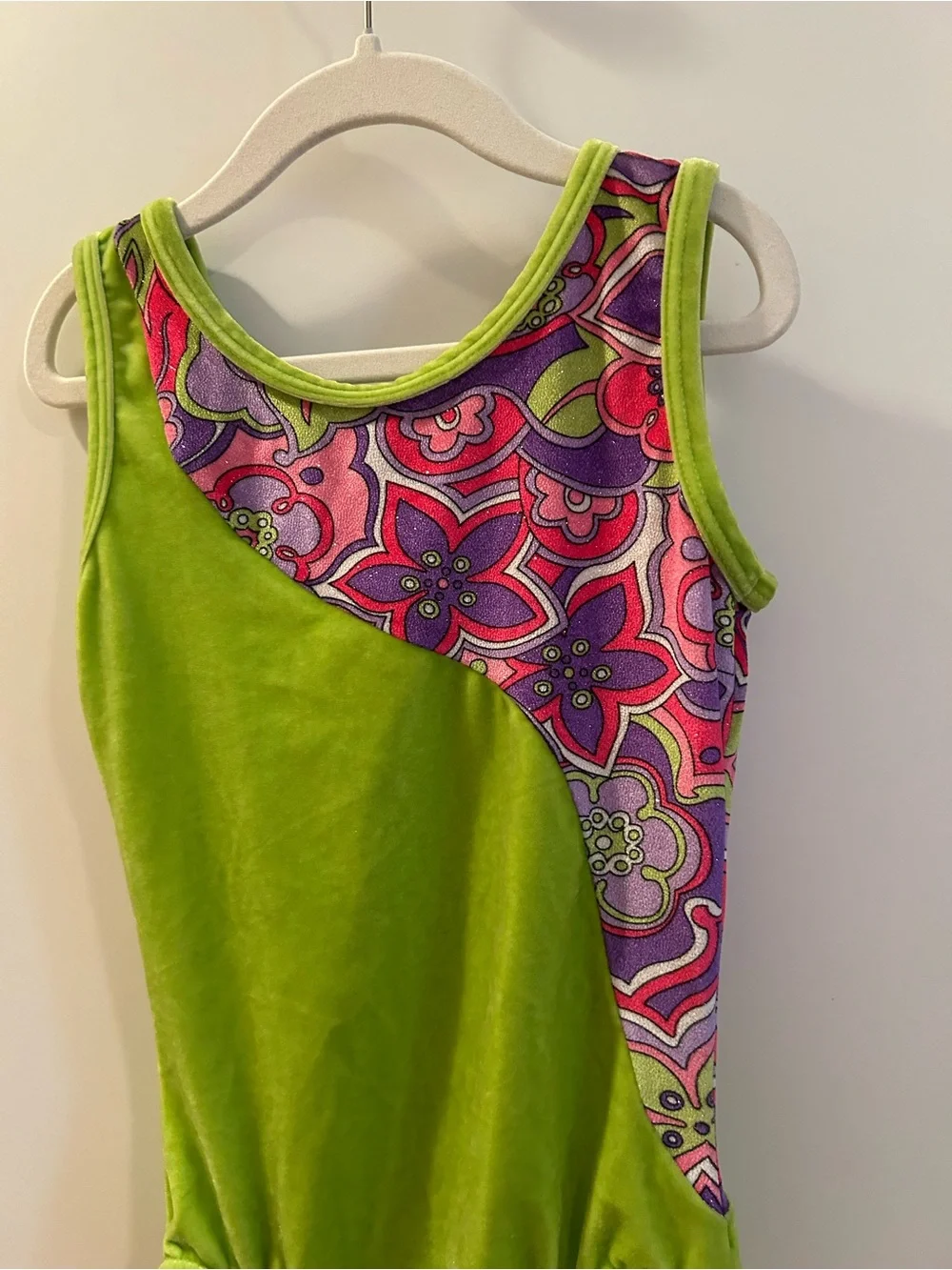 Mondor Girls' Lime Green Floral Panel Dance or Gymnastics Leotard - 10/12